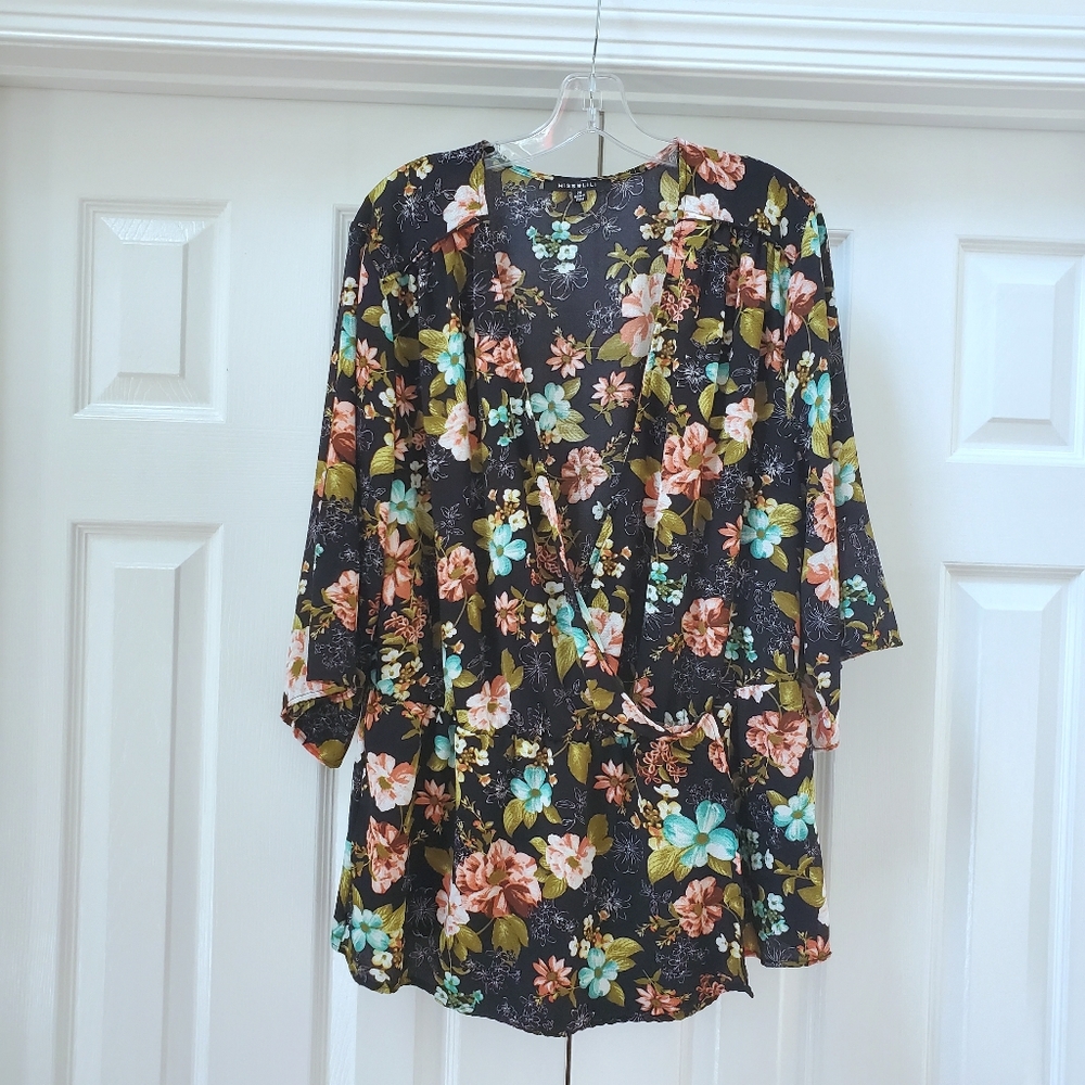 Miss Lili Black Pink Floral Faux Wrap Top 2X